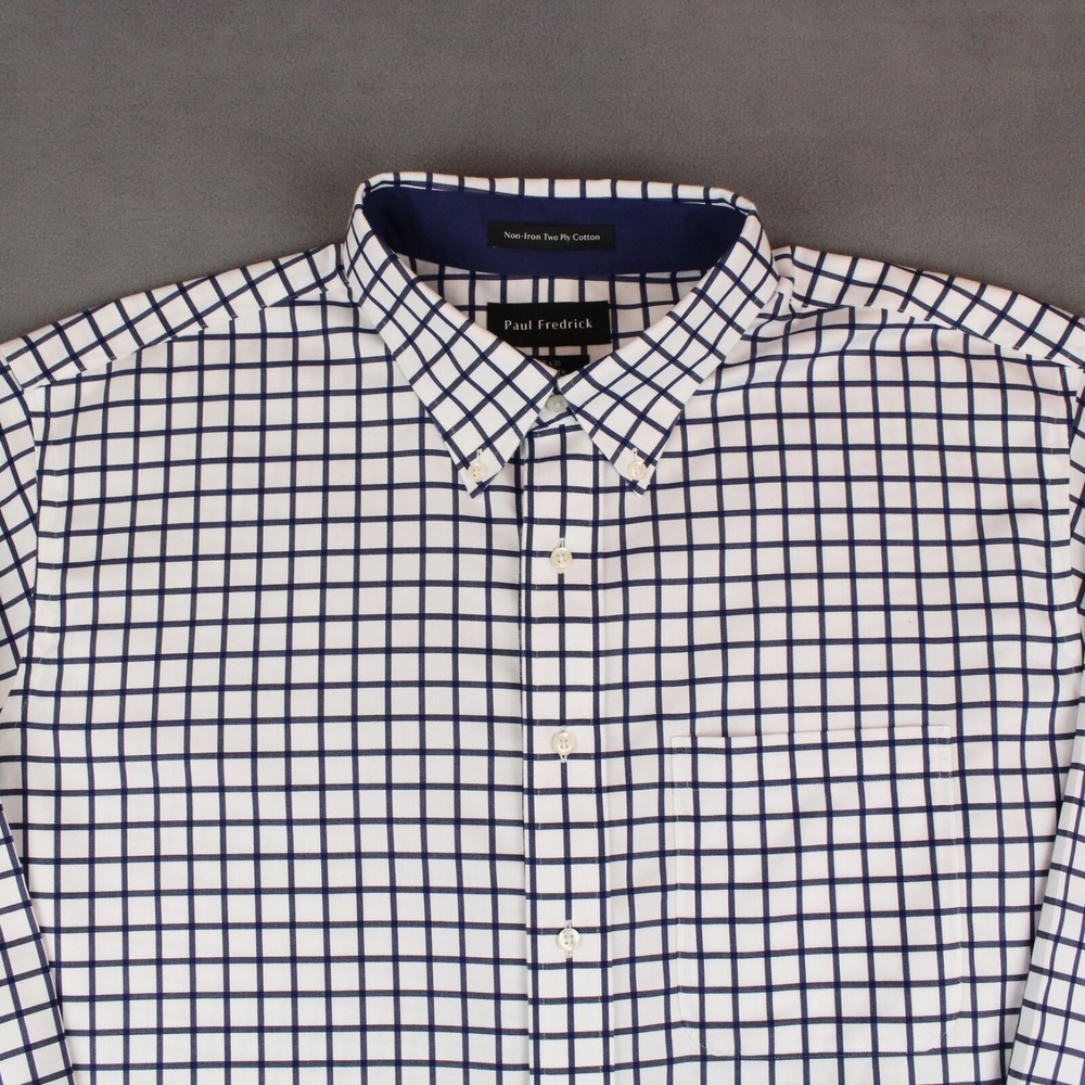 Paul Fredrick Shirt Mens 18x35 White Blue Windowpane Cotton Button Classic Fit